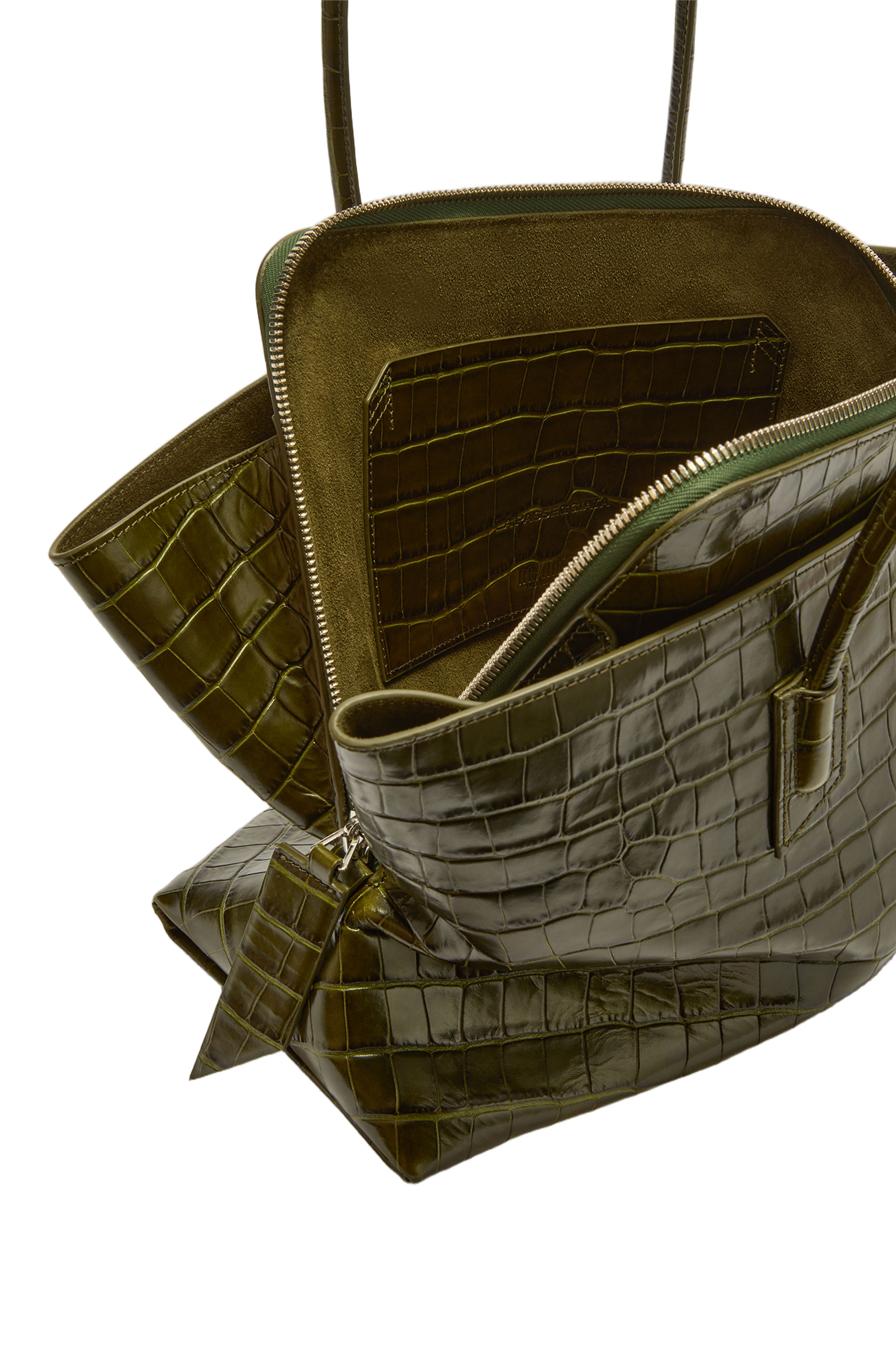 Deep Olive Green Crocodile-Embossed Tote Bag