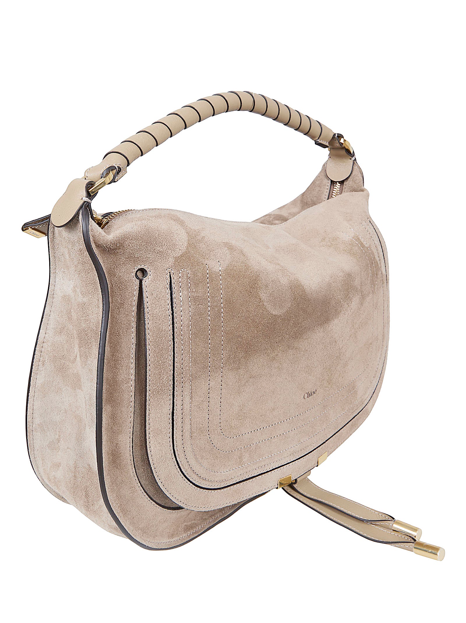 Suede Shoulder Bag with Embossed Logo and Tassel Detail