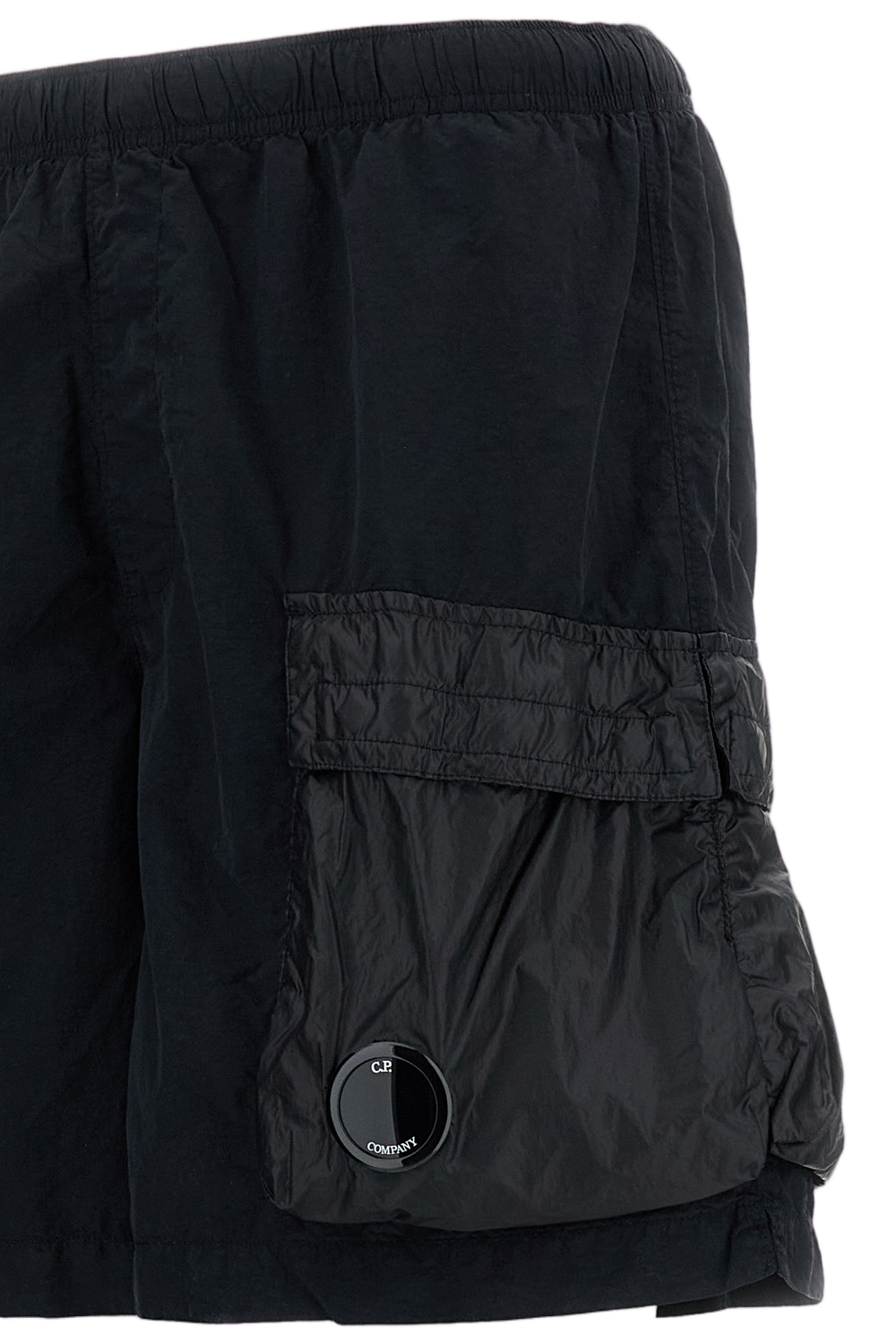 Crinkled Nylon Swim Shorts with Cargo Pockets and Iconic Lens Detail