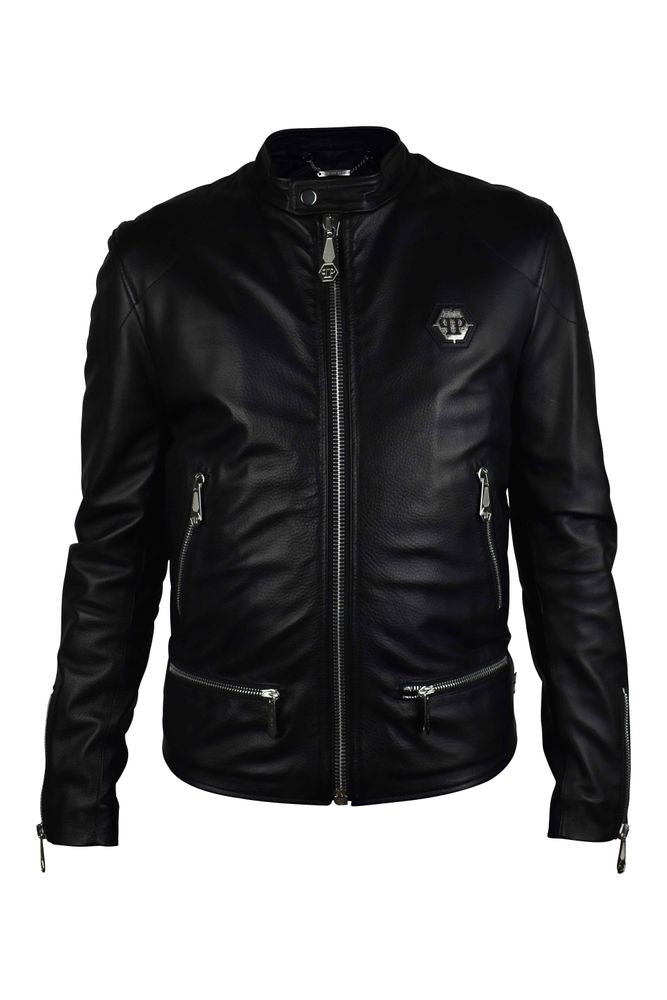 Black Grained Leather Biker Jacket