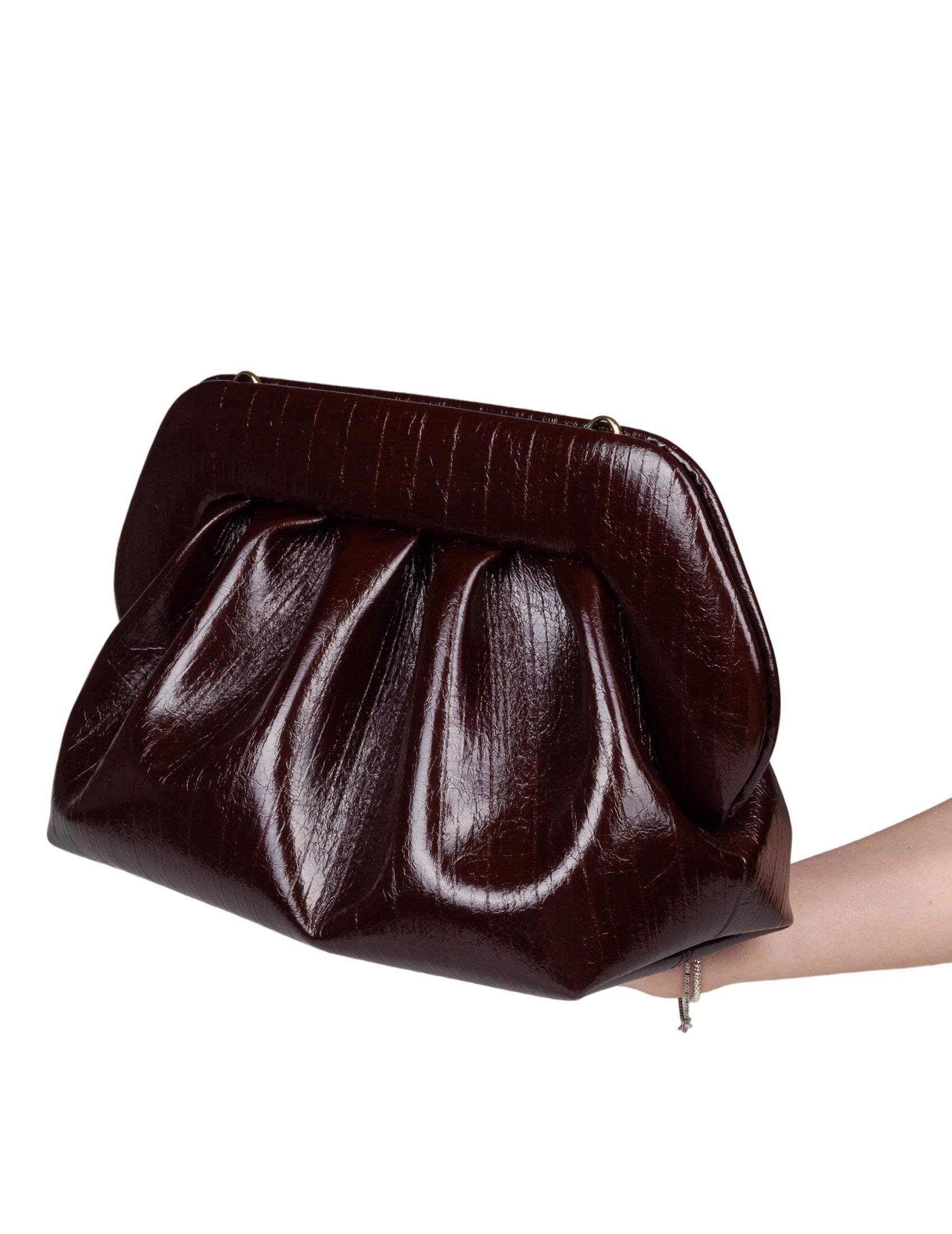 Chocolate Striped Faux Leather Handbag with Adjustable Strap and Eco-Friendly Lining