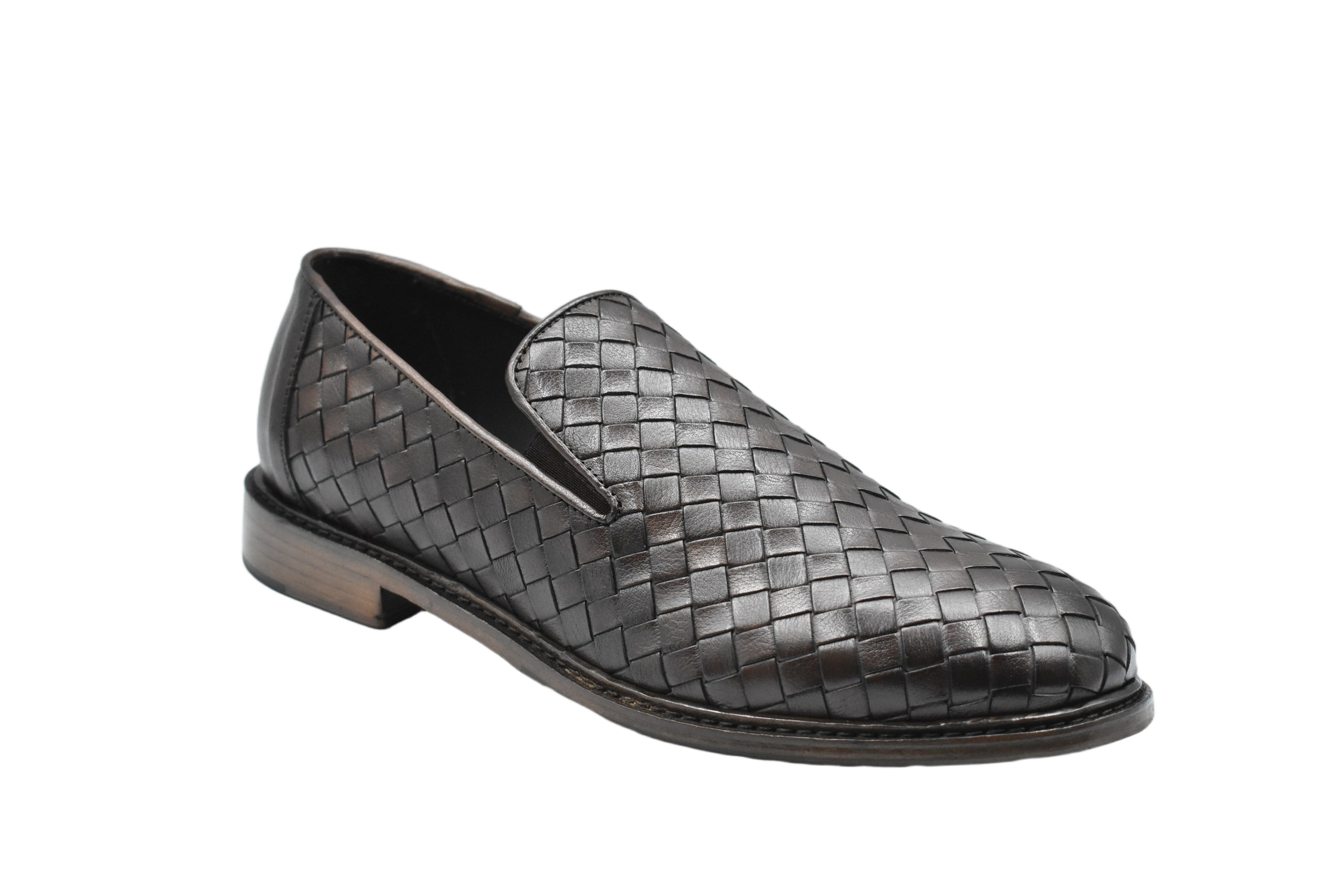 Woven Leather Brown Laced Shoes With Low Stacked Heel
