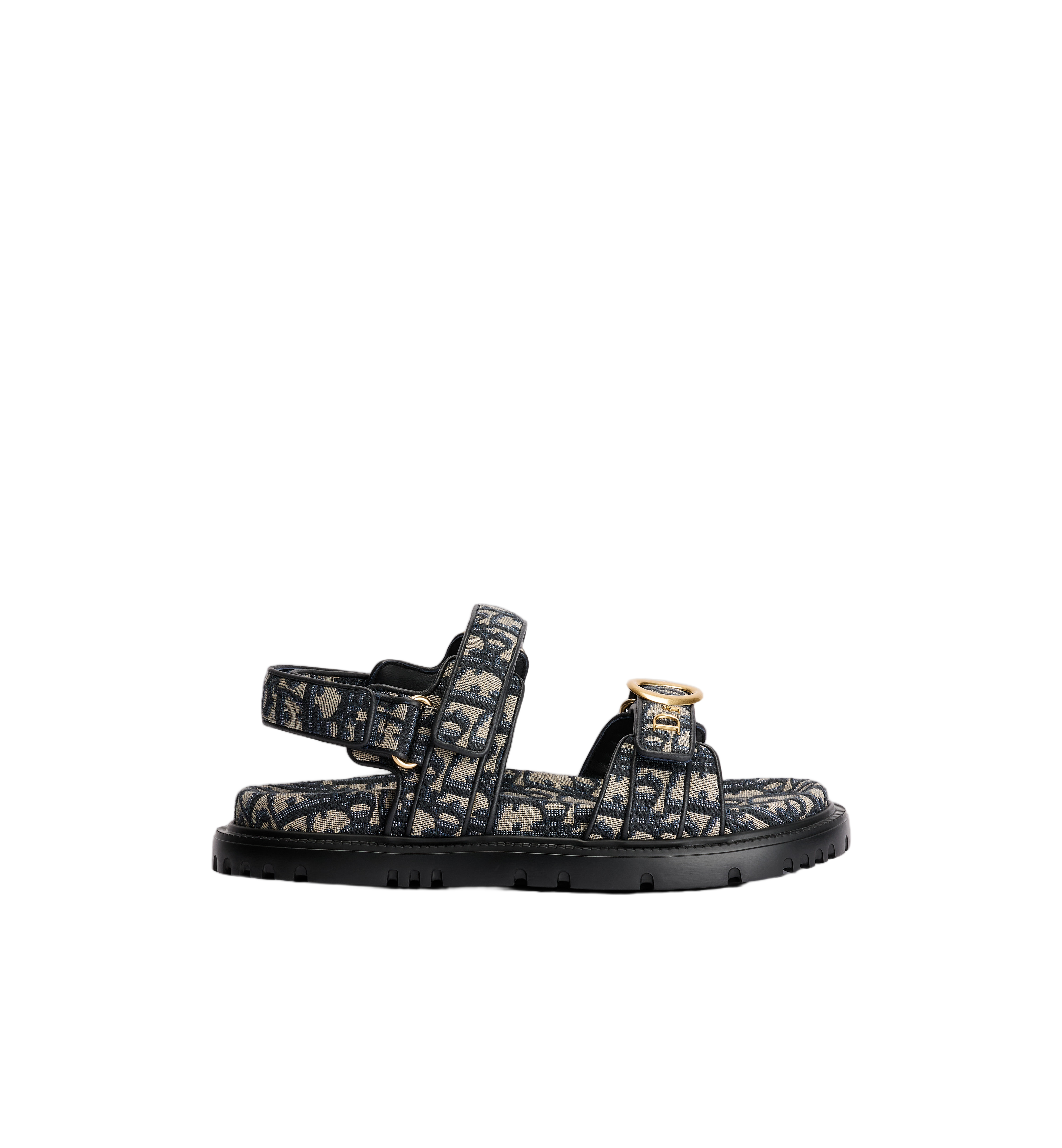 Patterned Fabric Sandal With Adjustable Straps And Gold Hardware