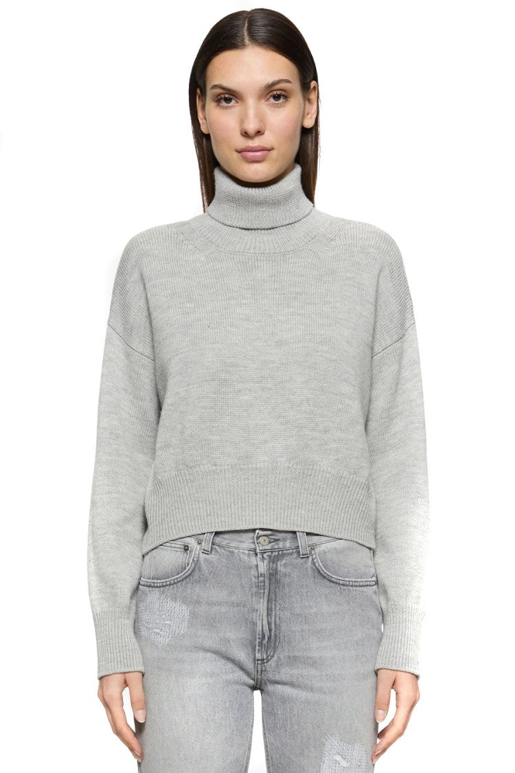 Cropped Grey Wool Sweater With High Neck