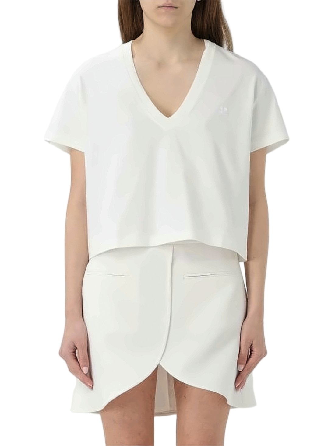 Cropped Short-Sleeve V-Neck Top with Minimal Detailing