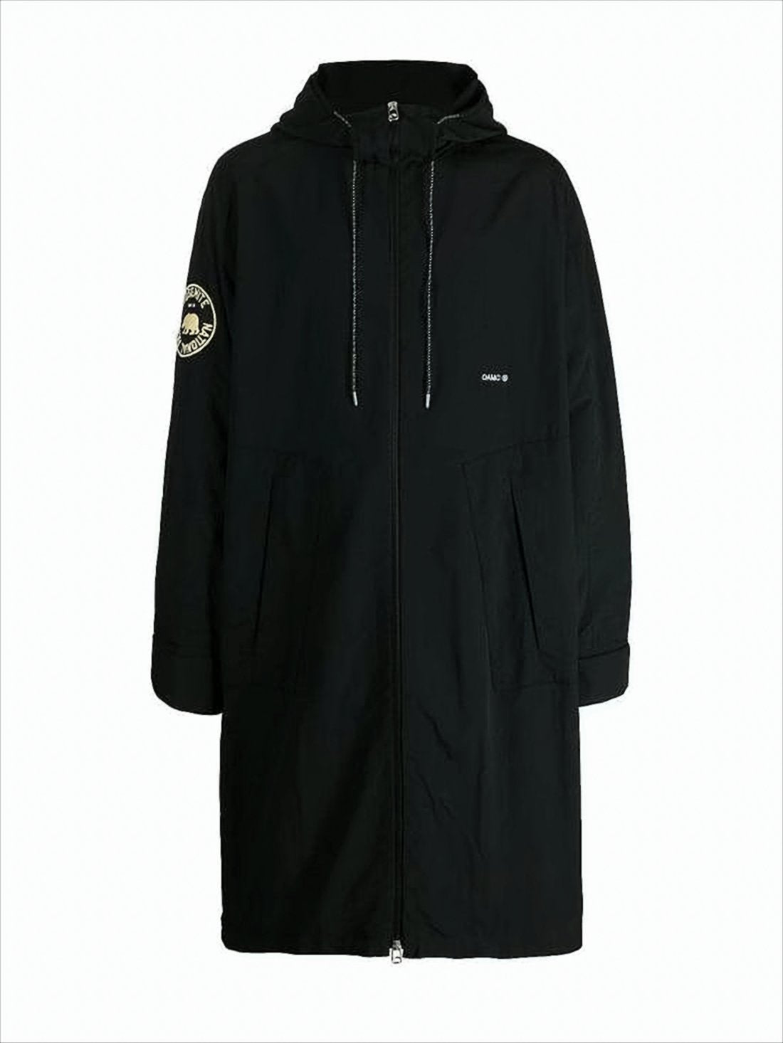 Hooded Black Polyamide Coat with Graphic Detailing