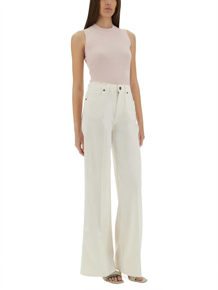 Ribbed Sleeveless Top With High Round Neckline