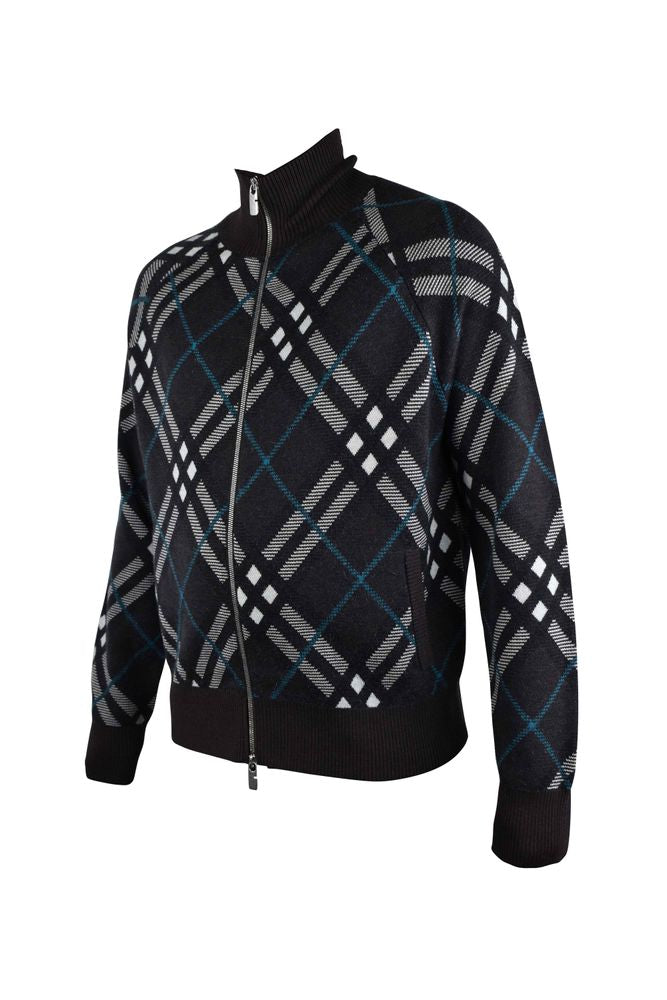 Check Pattern Wool Cardigan With High Collar