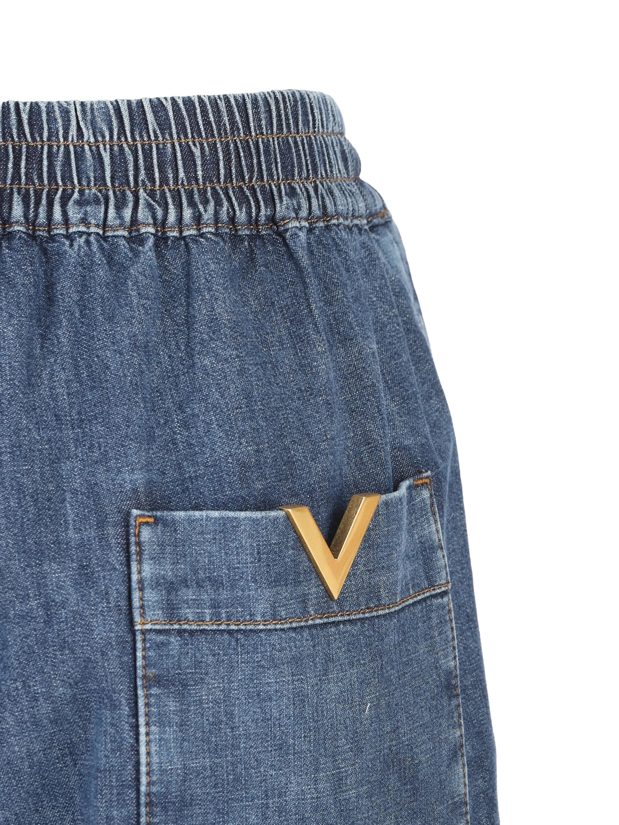 Medium Blue Wide-Leg Drawstring Denim Jeans