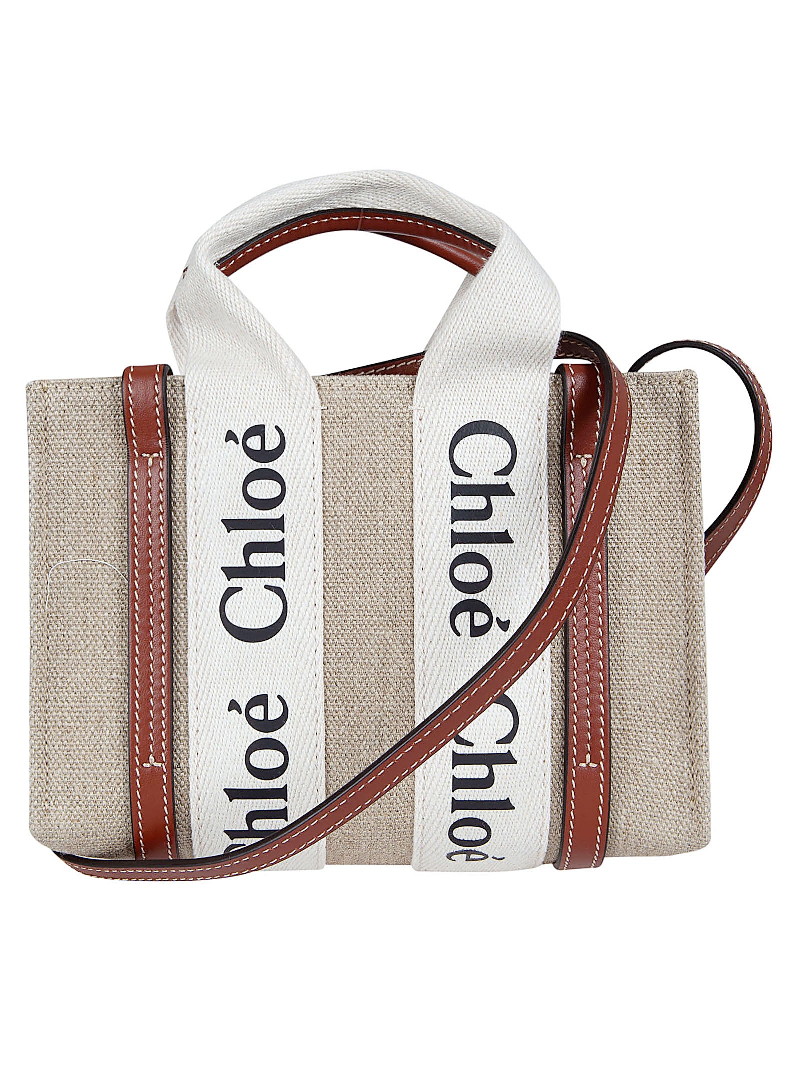 Structured Rectangular Bag in Textured Beige Fabric with Leather Trim
