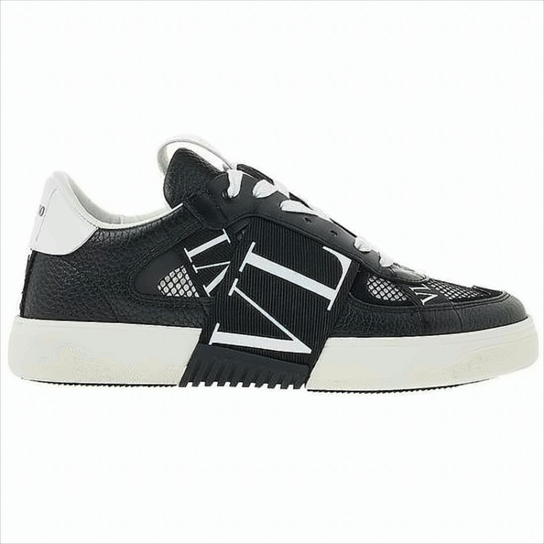 Black Textured Calf Leather Sneakers with Mesh Panels