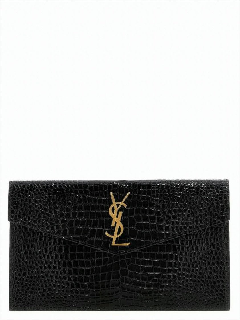 Crocodile-Embossed Black Calf Leather Clutch