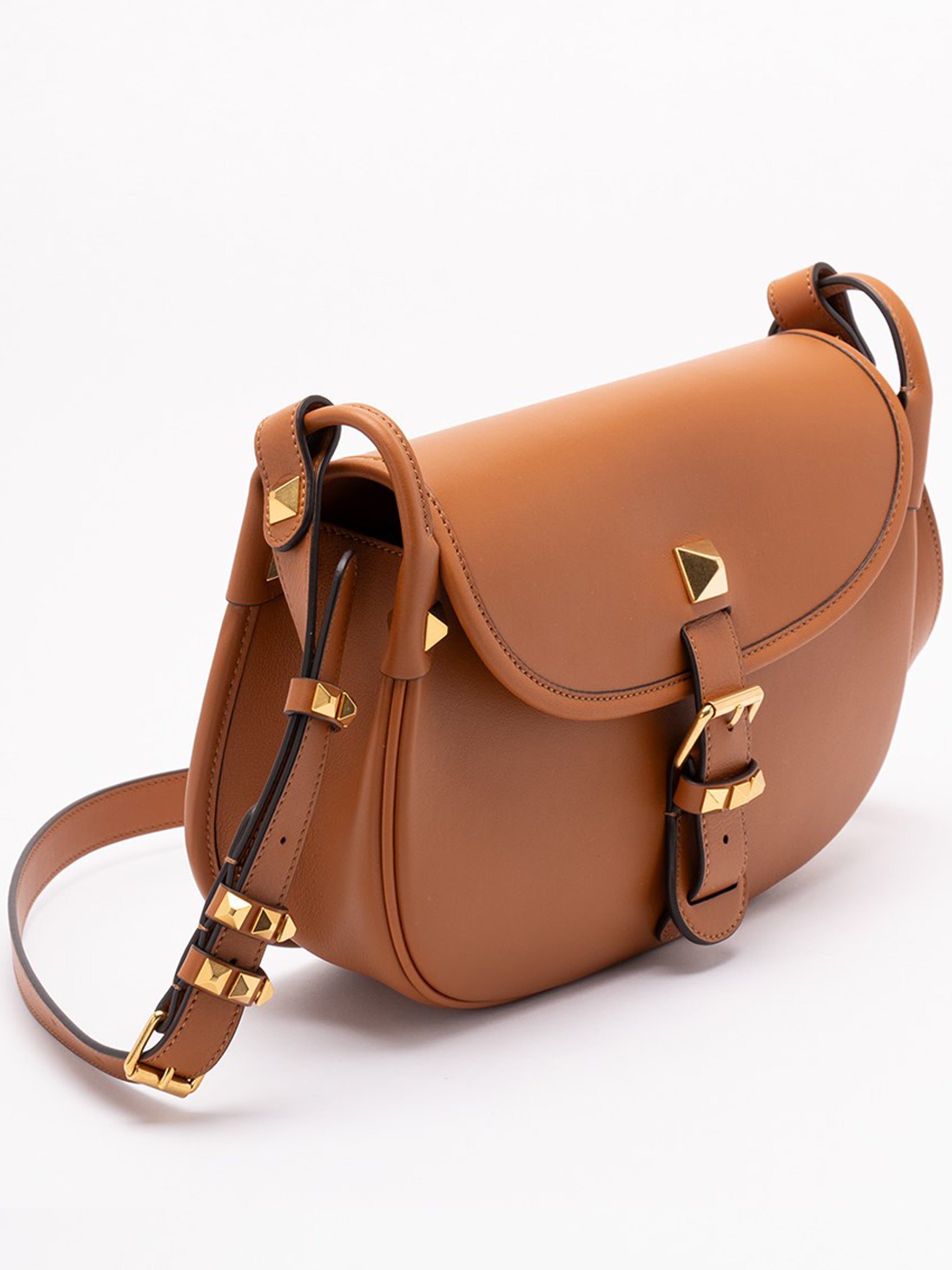 Brown Curved Leather Pyramid Stud Bag