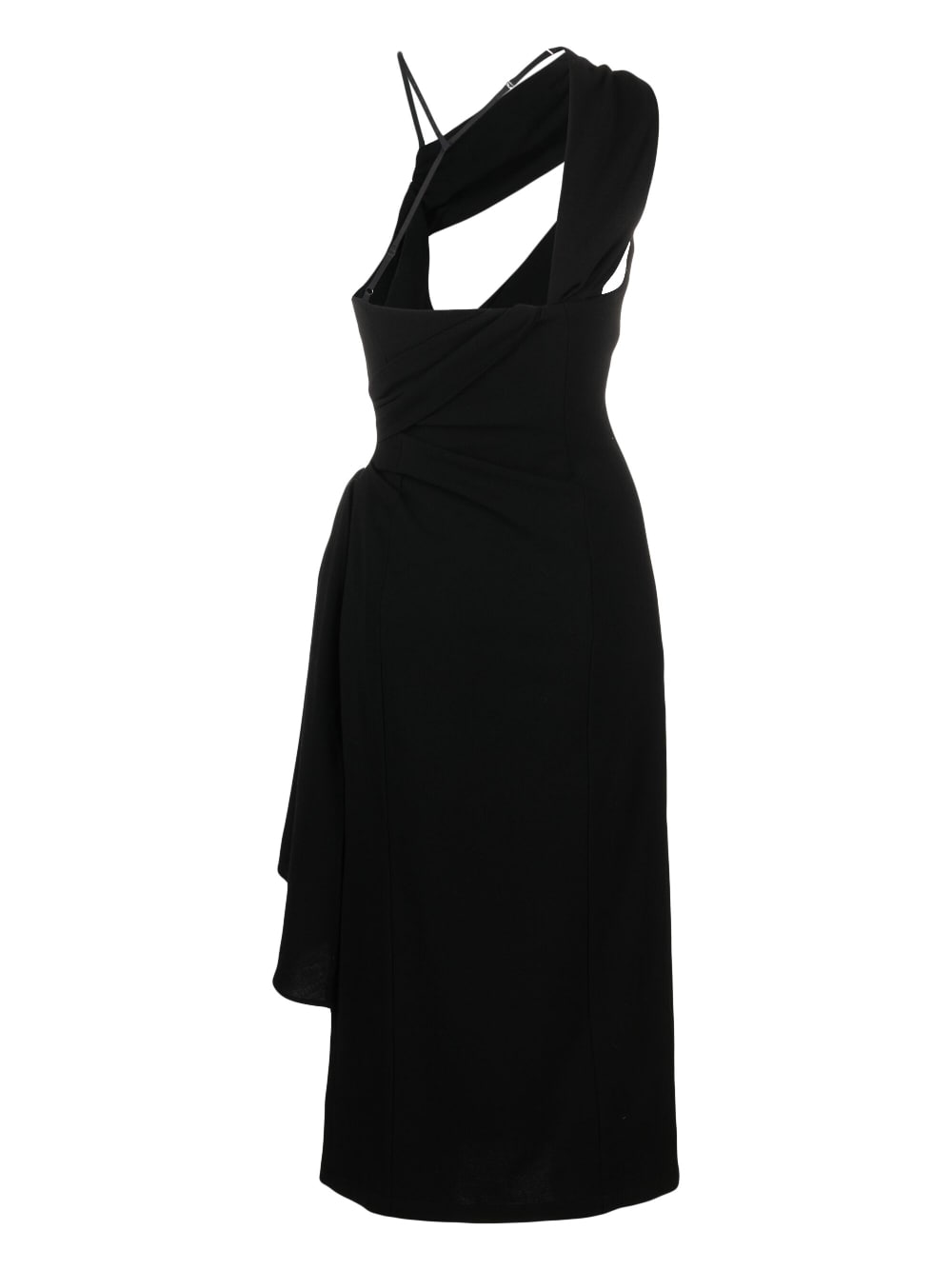 Asymmetric Draped Black Midi Dress