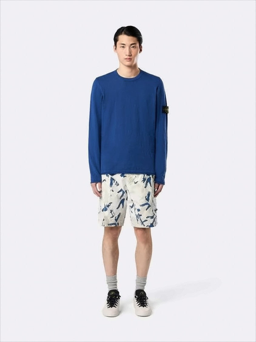 Crew Neck Blue Sweater With Unique Sleeve Logo