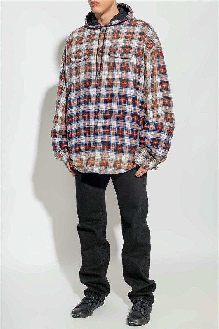 Bleached Plaid Hooded Long Sleeve Shirt