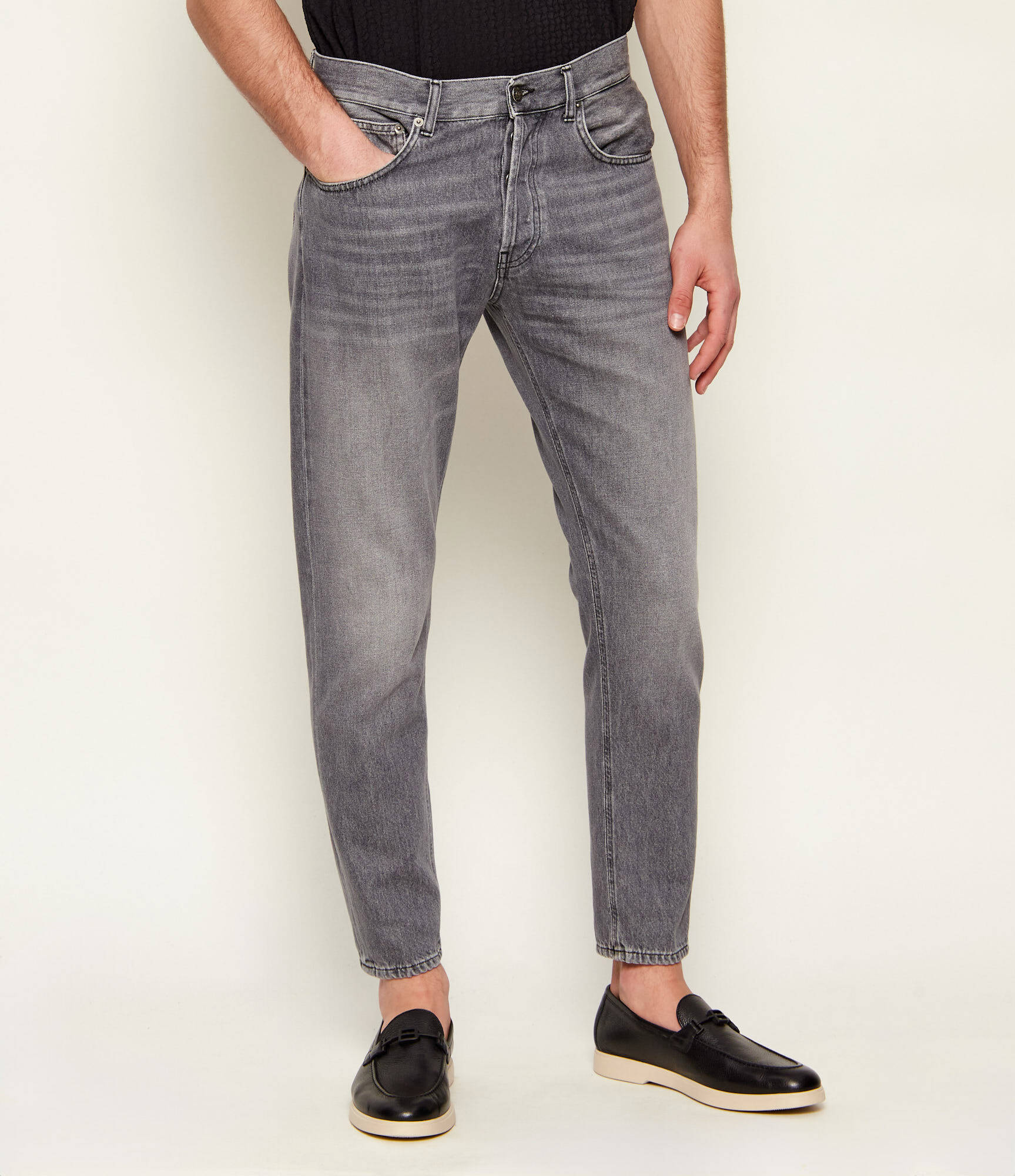 Washed Grey Tapered Jeans with Classic Pocket Styling