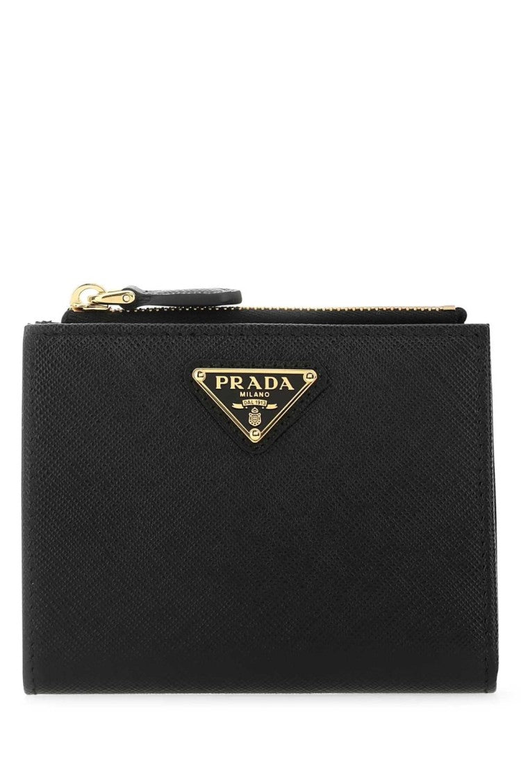 Compact Black Zip Wallet with Triangular Logo Plaque