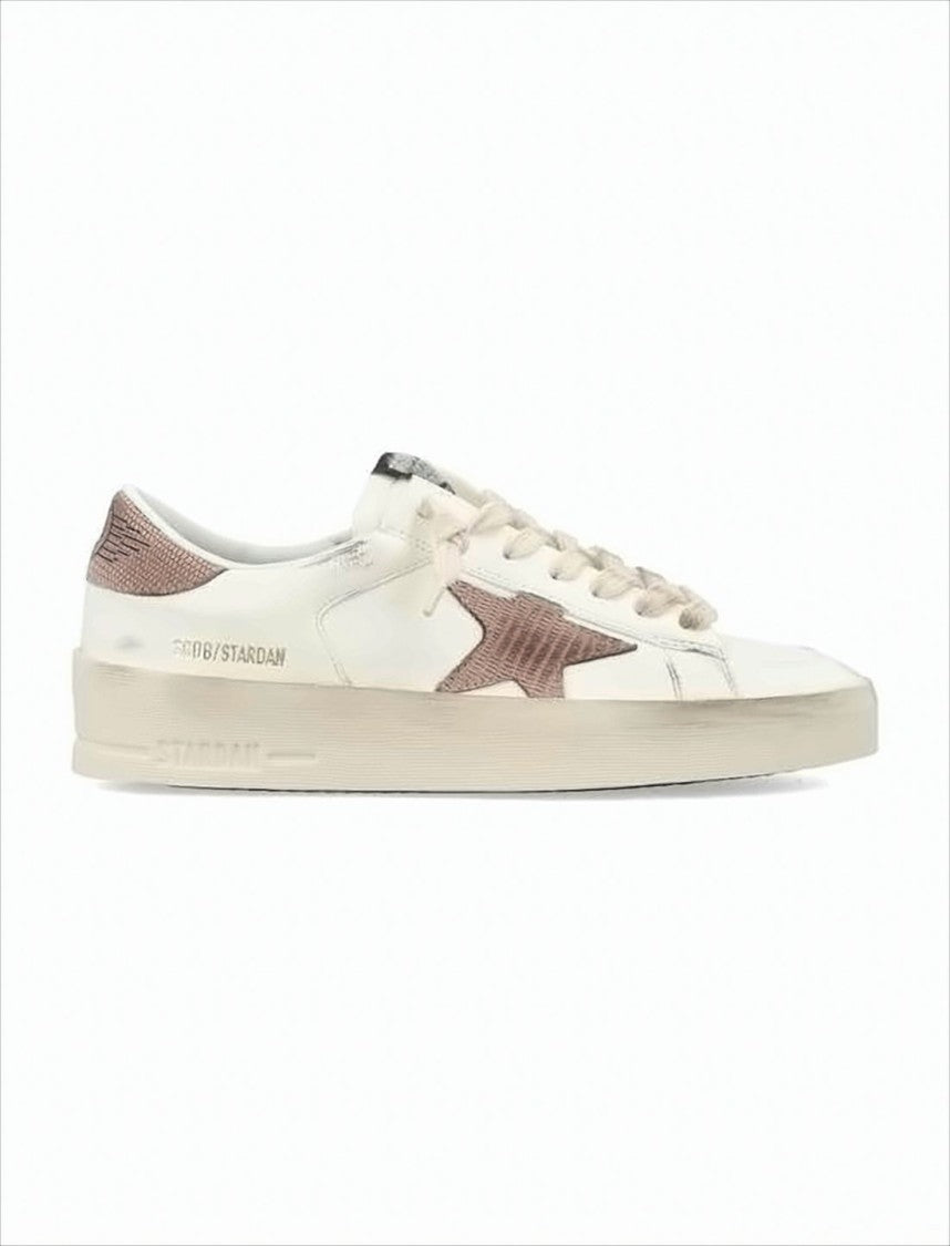 Distressed White Leather Low-Top Sneakers with Textured Star
