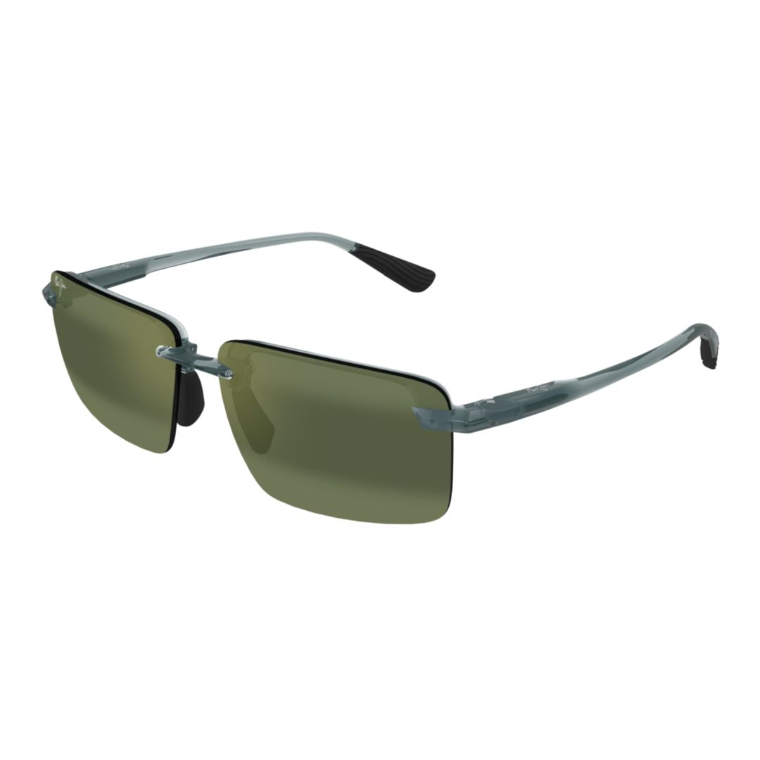 Laulima Rimless Rectangular Sunglasses with Green-Tinted Lenses