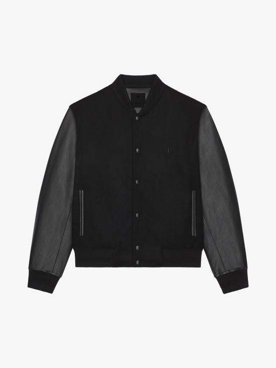 Monochrome Wool and Cashmere Bomber Jacket with Leather Sleeves