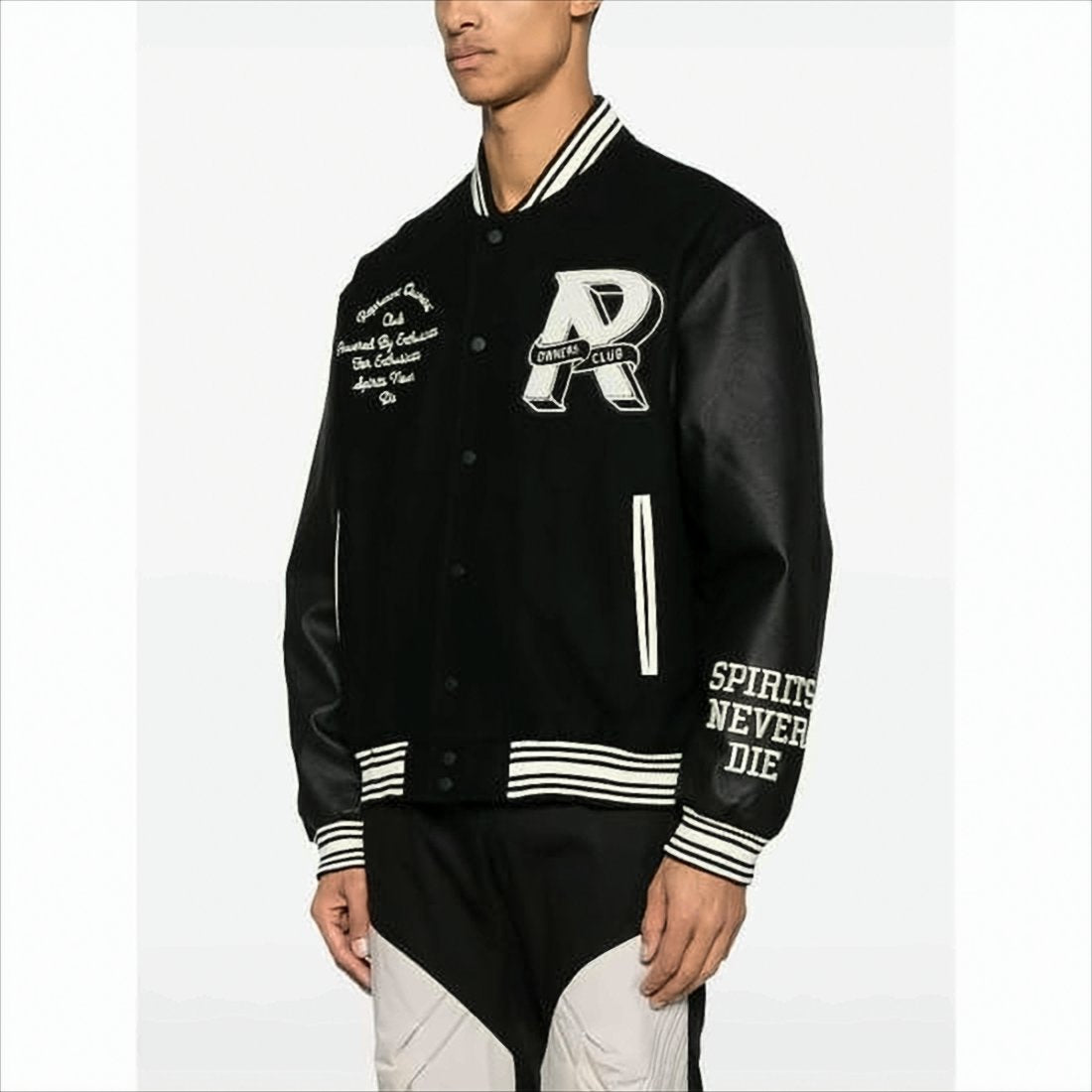 Varsity-Style Jacket with Contrasting Leather Sleeves