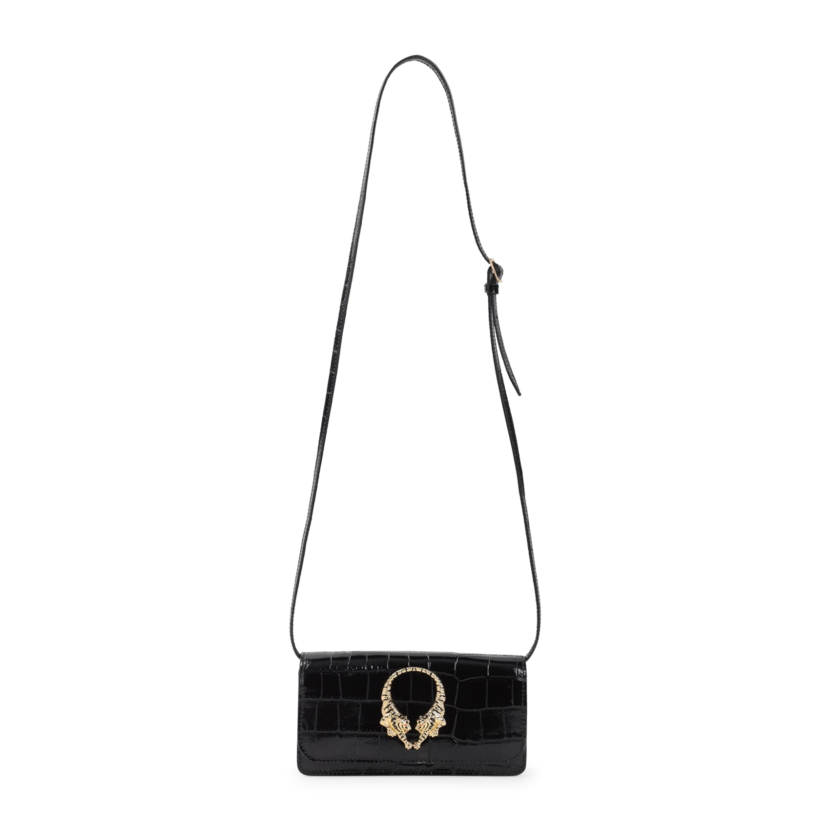 Crocodile-Embossed Leather Shoulder Bag With Distinctive Clasp