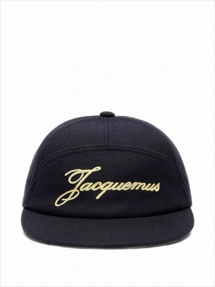 Structured Black Wool Blend Cap with Embroidered Detailing