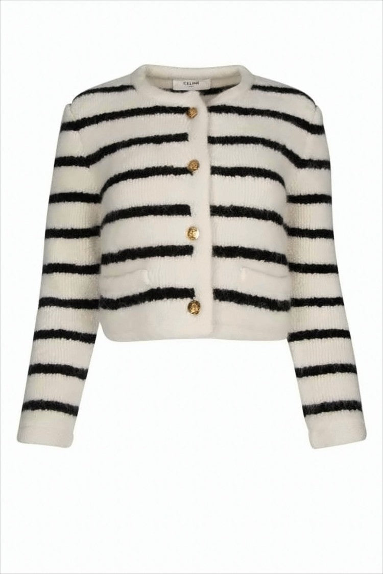 Cropped Knit Cardigan with Horizontal Stripes and Gold-Tone Buttons