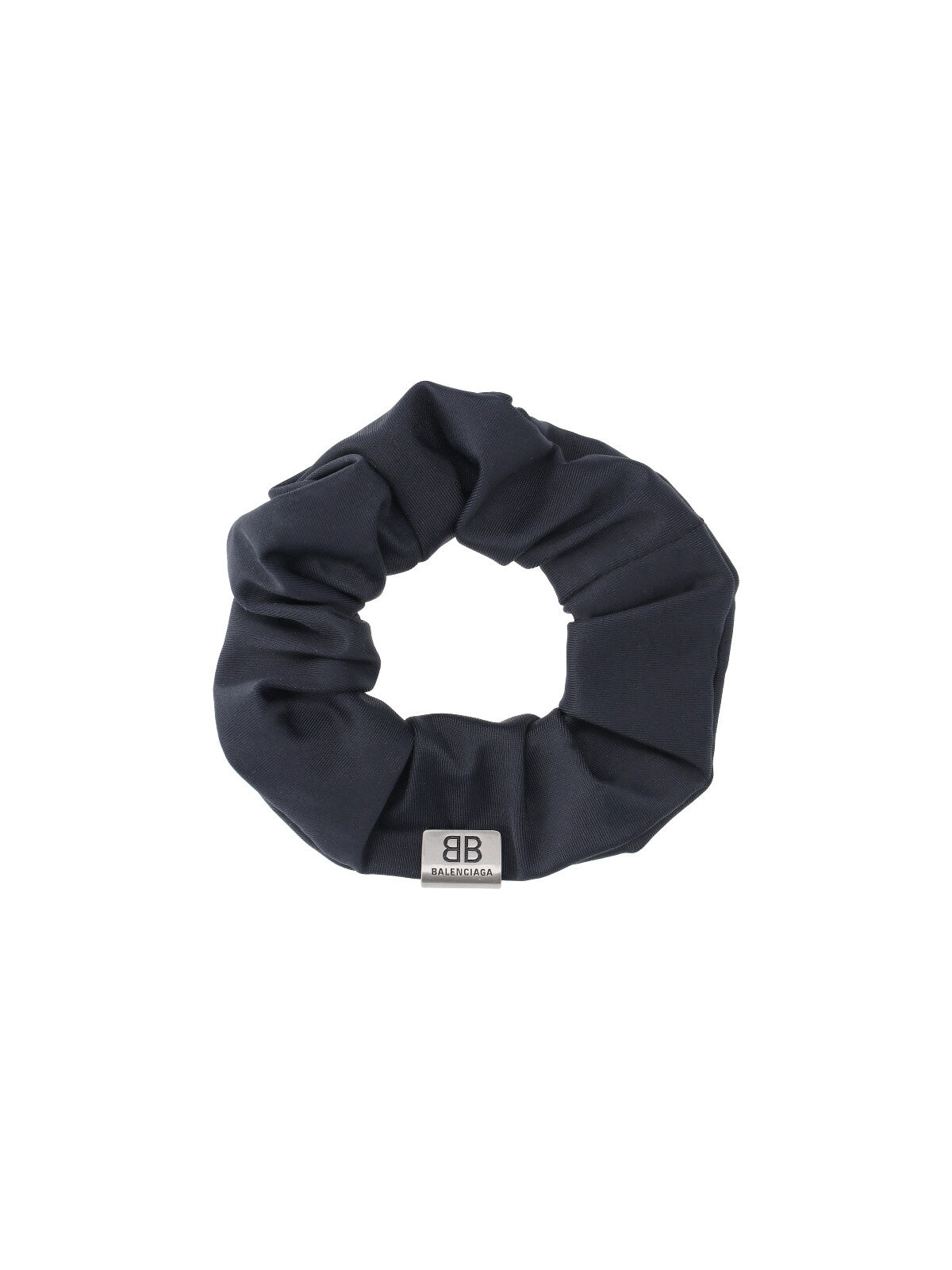 Gathered Black Fabric Scrunchie with Silver Logo Tag