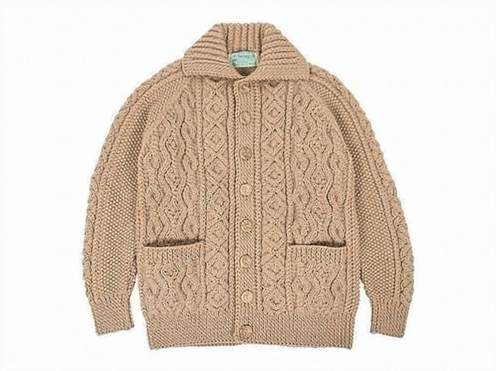 Intricate Cable Knit Cardigan with High Collar and Wooden Buttons