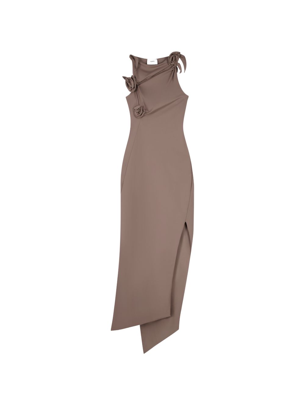 Brown Asymmetrical Rosette Fitted Midi Dress