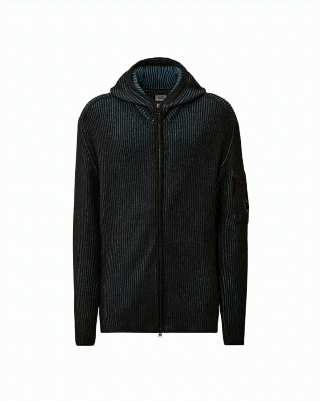 Ribbed Knit Zip-Through Sweater with Hood