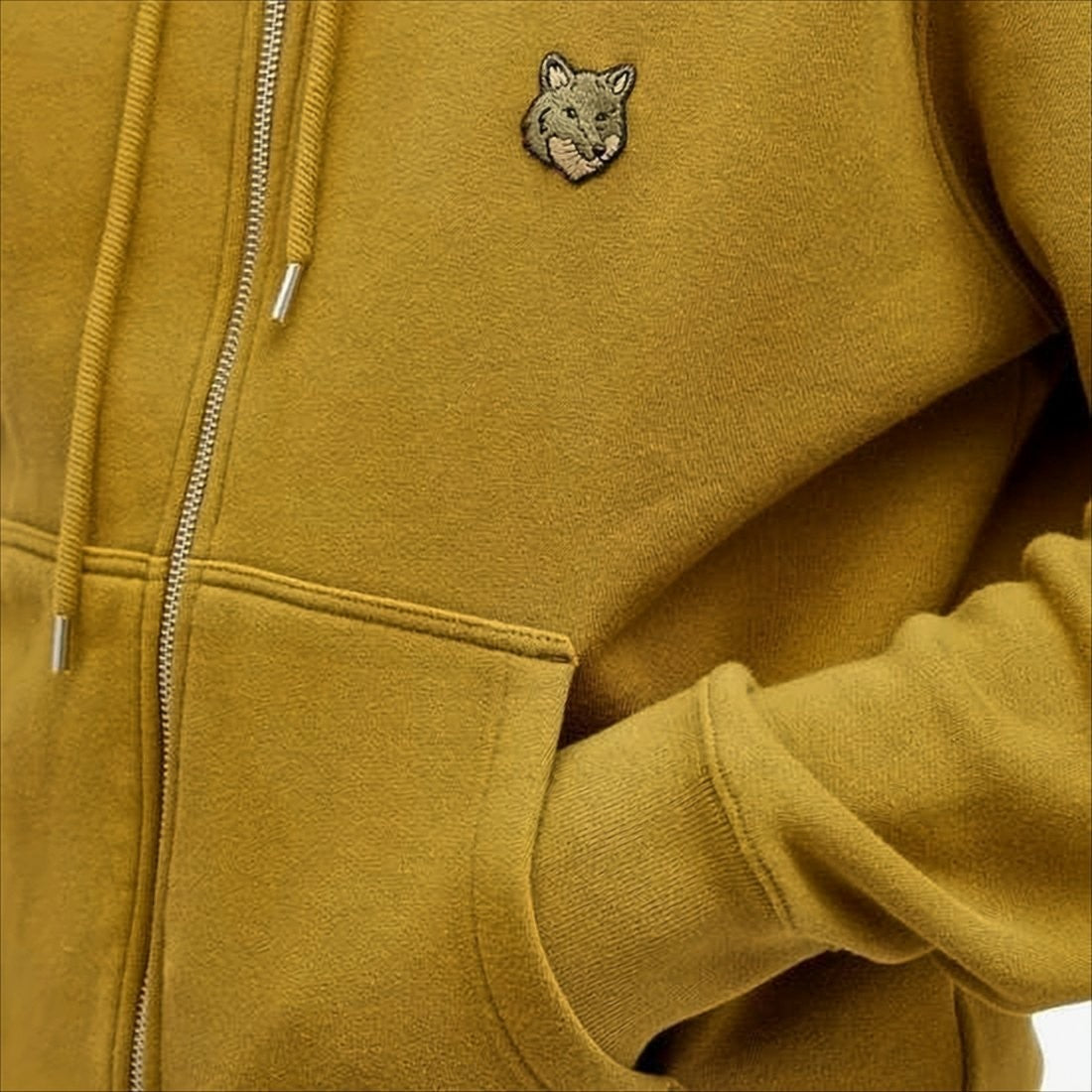 Solid Mustard Yellow Zip-Up Hoodie With Emblematic Fox Logo