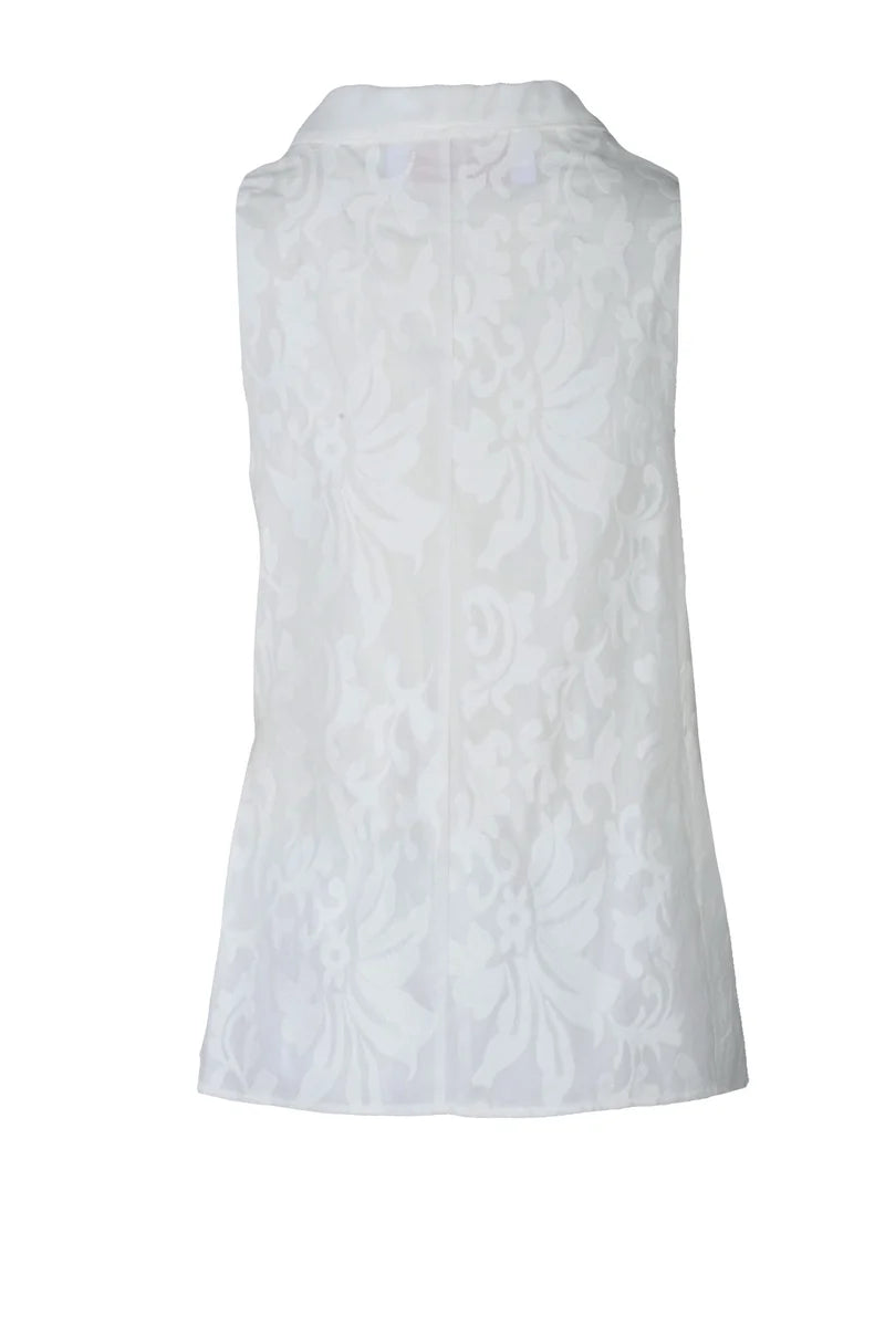 Floral Jacquard Detail Sleeveless White Vest