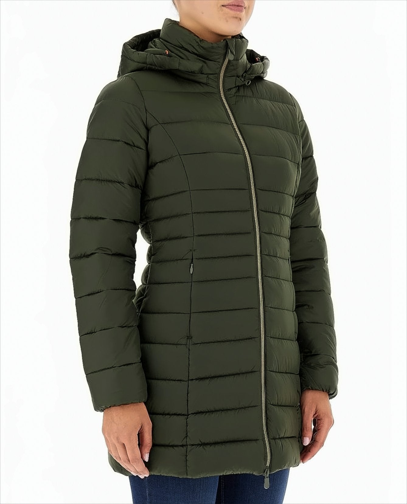 Quilted Green Down Jacket With Drawstring Hood