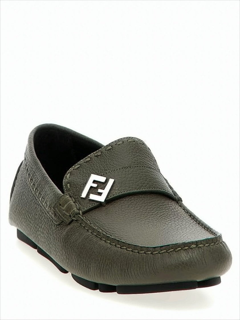 Textured Calf Leather Loafers With Metallic Logo Detail