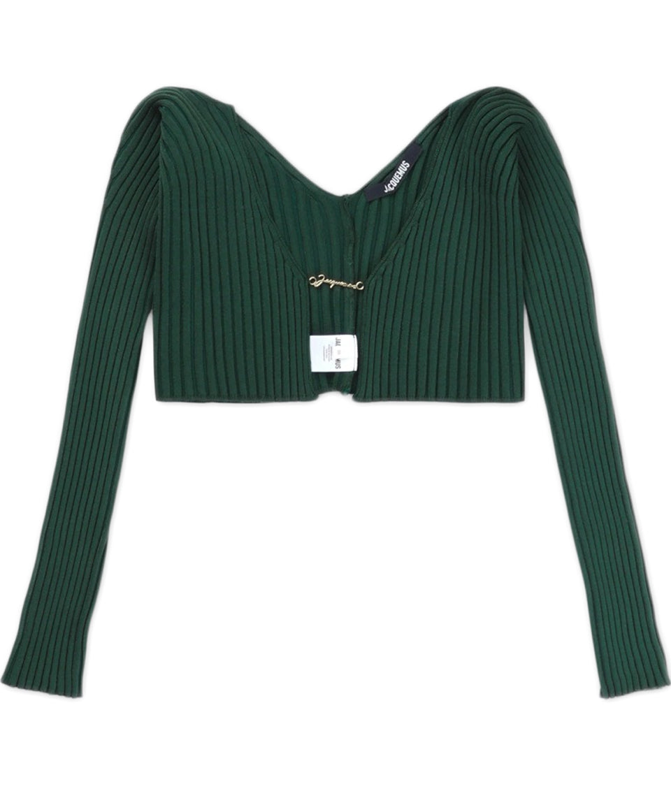 Ribbed Knit Cropped Cardigan With Deep Neckline