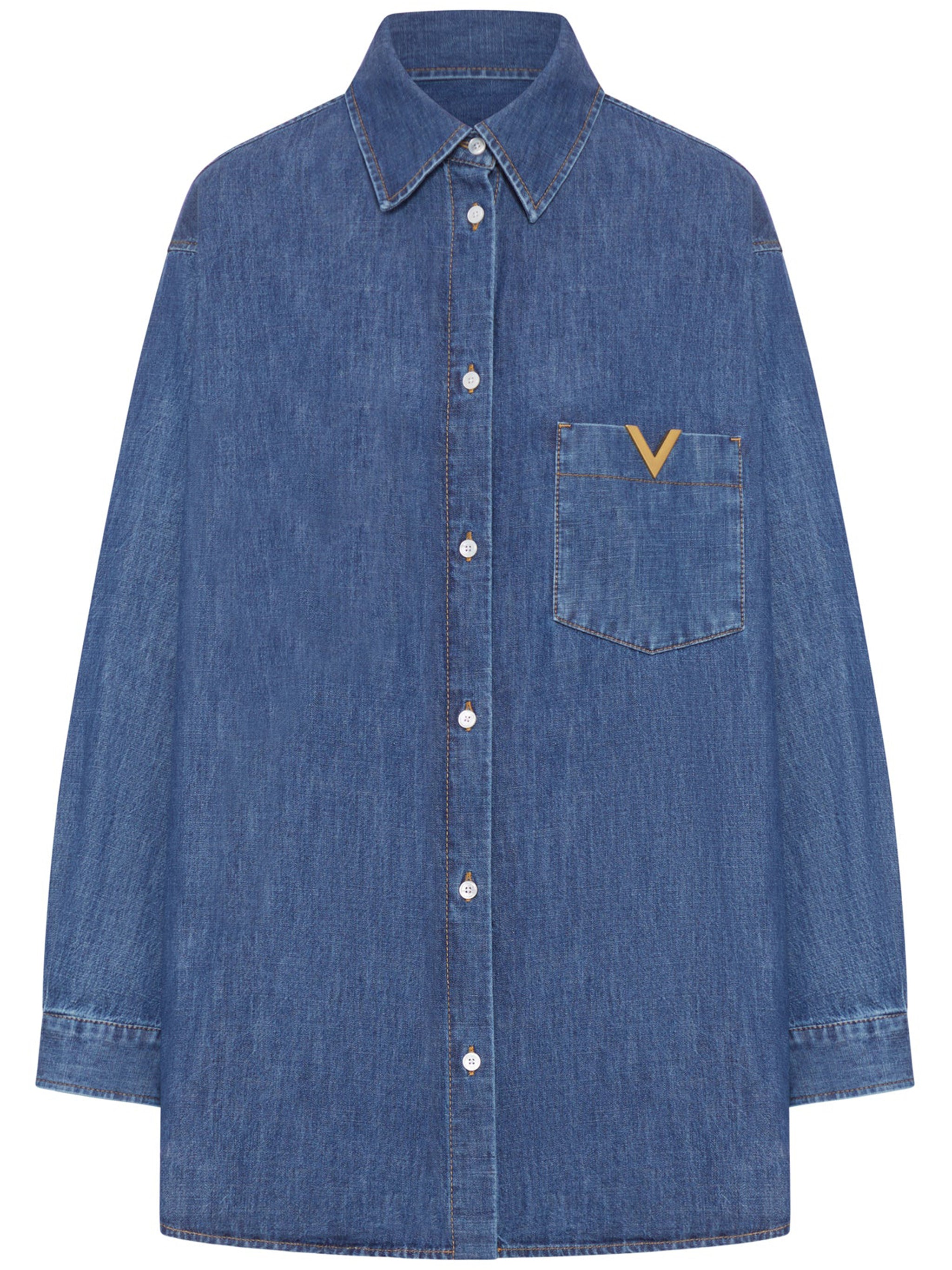 Blue Pointed Collar V-Detail Denim Shirt