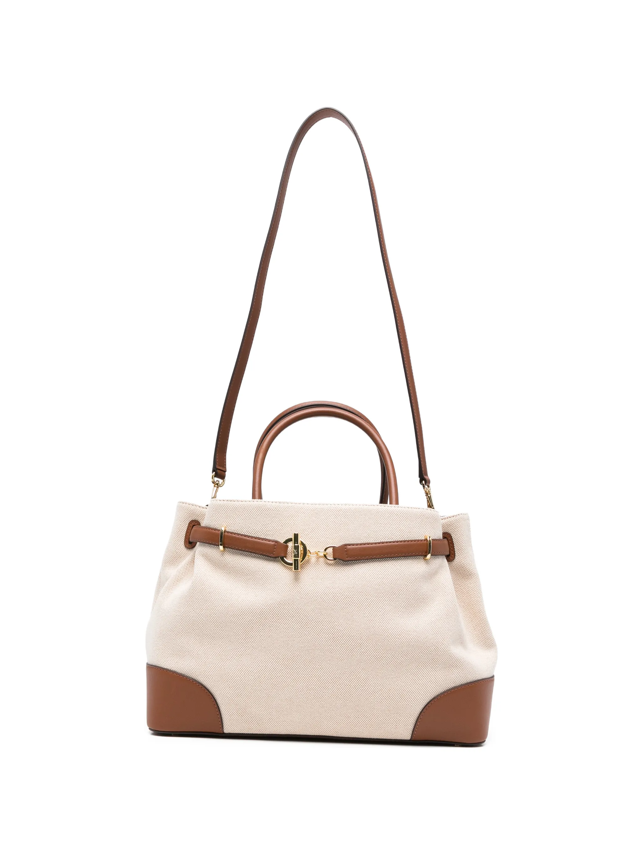 Structured Beige Canvas Handbag with Brown Leather Accents