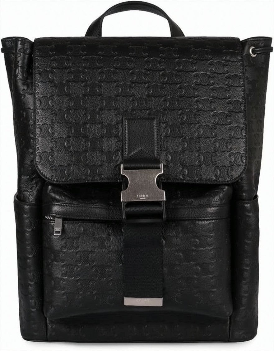Structured Black Calf Leather Backpack with Metal Buckle Closure
