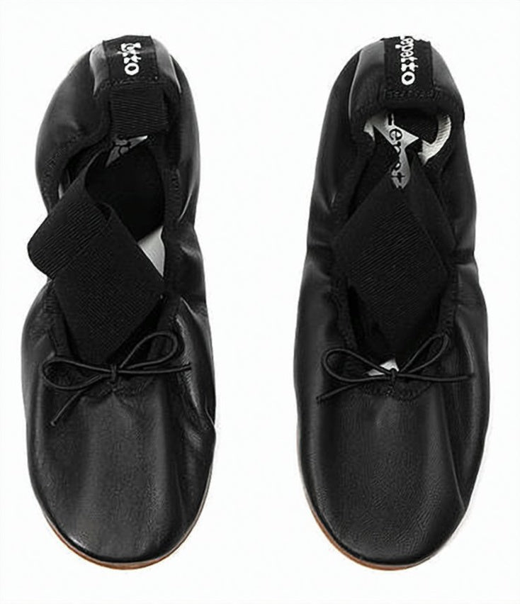 Ruched Black Leather Flats with Bow Detail