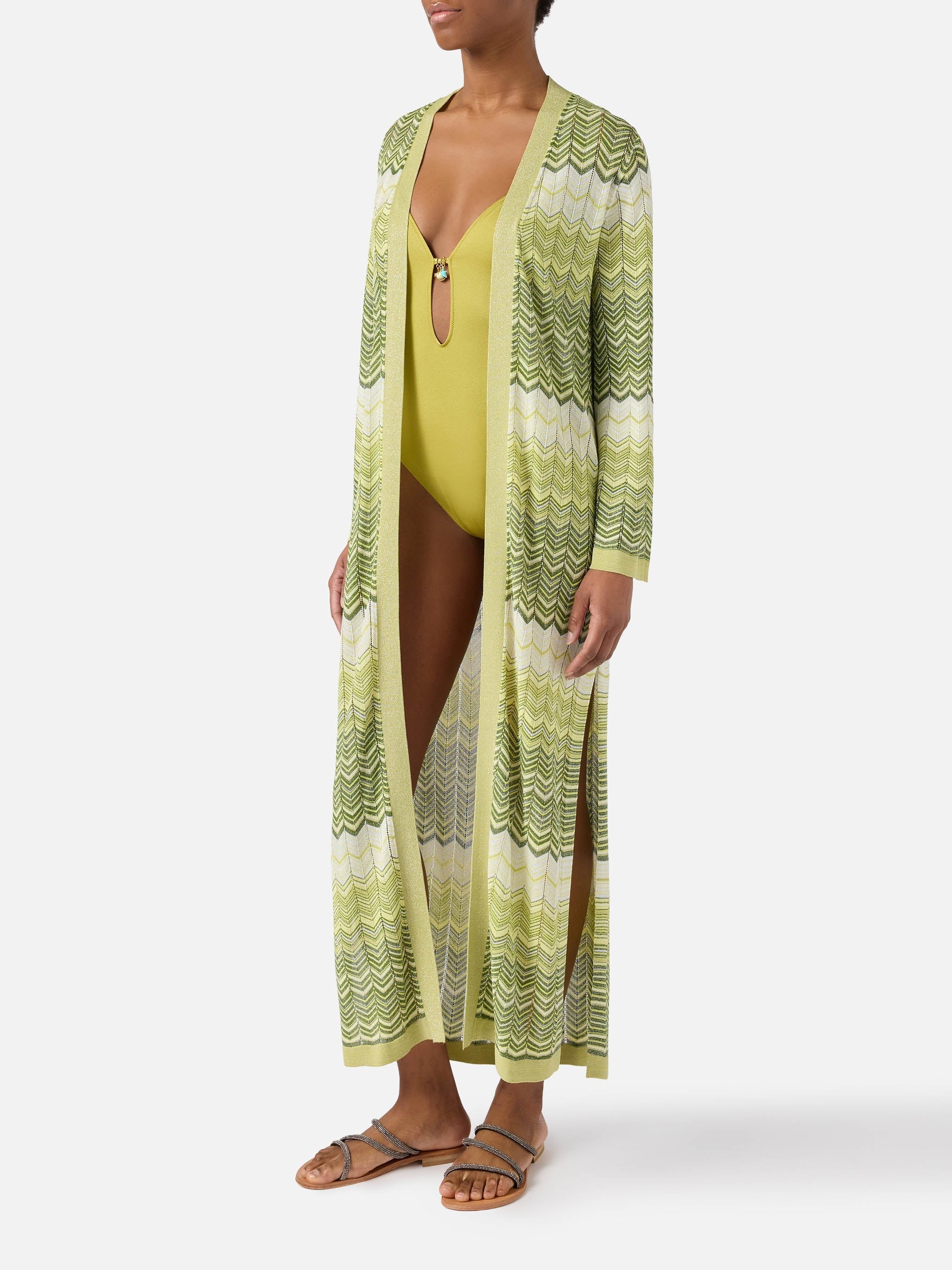 Chevron Knit Long Cardigan with Three-Quarter Sleeves