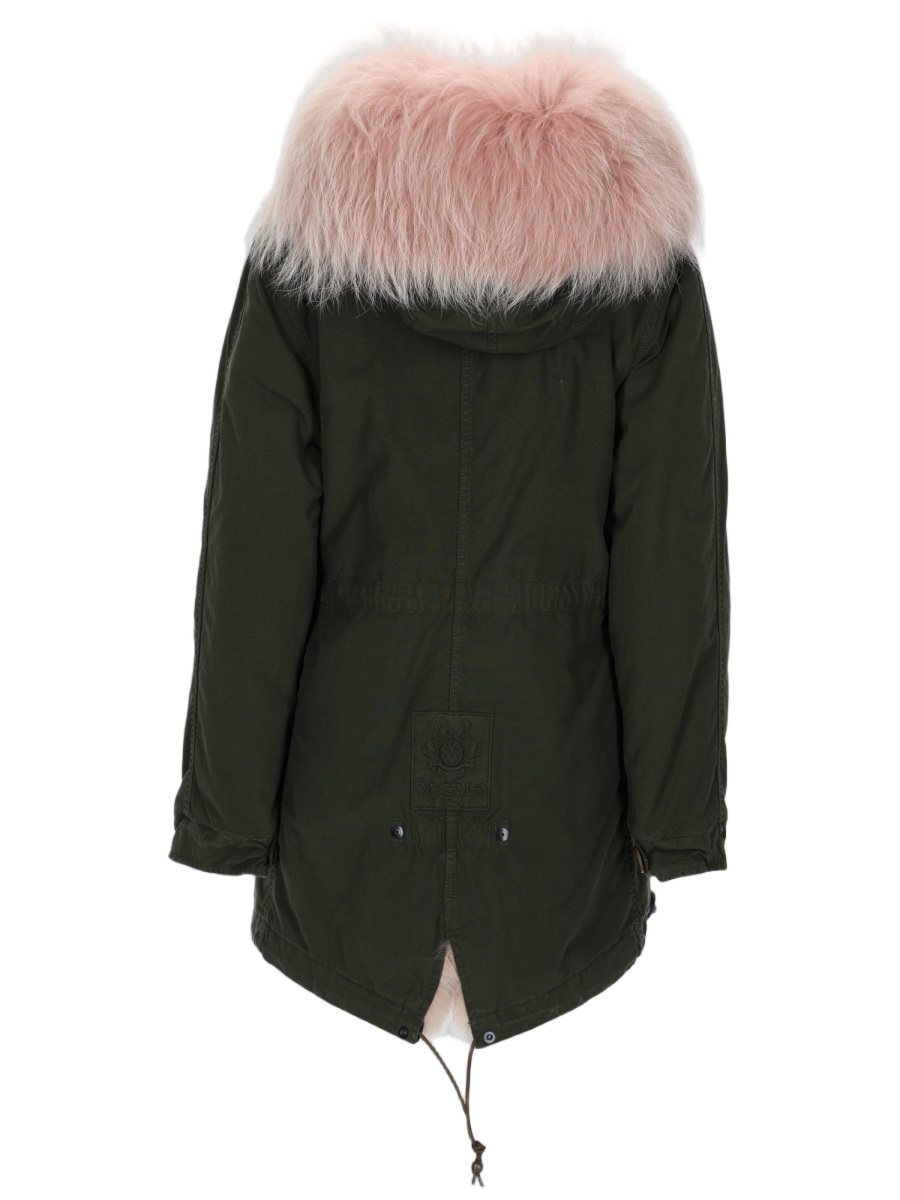 Parka With Deep Olive Green Body And Plush Pink Fur Trim