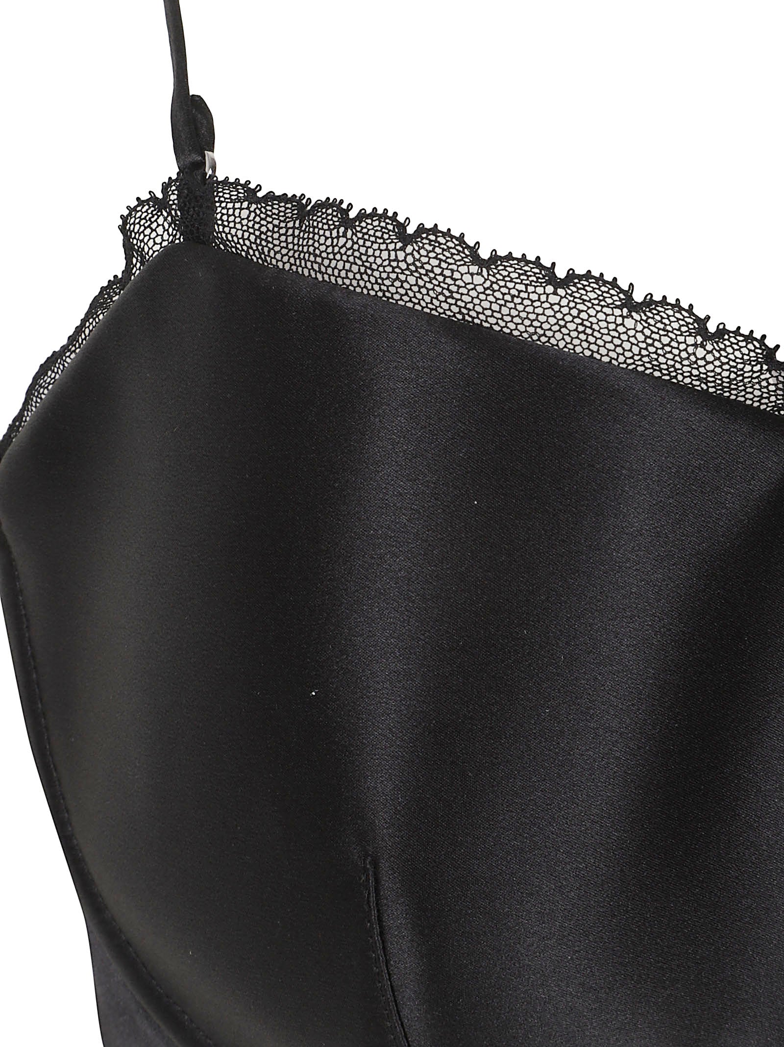 Structured Black Silk Bodysuit with Lace Trim