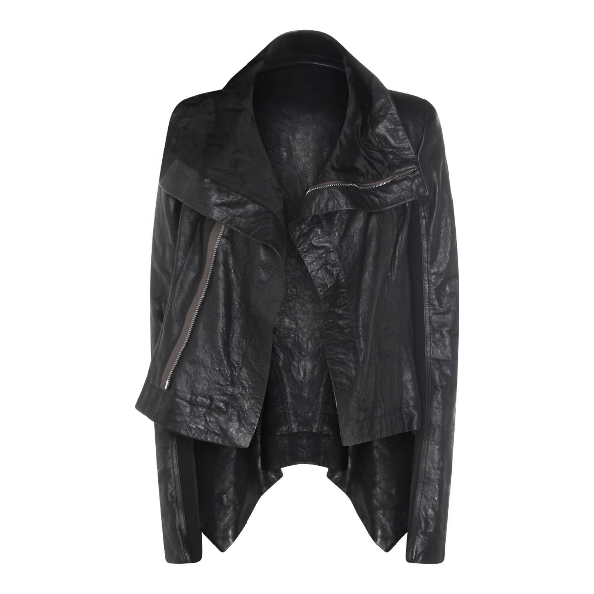 Asymmetrical Black Leather Jacket with Draped Collar
