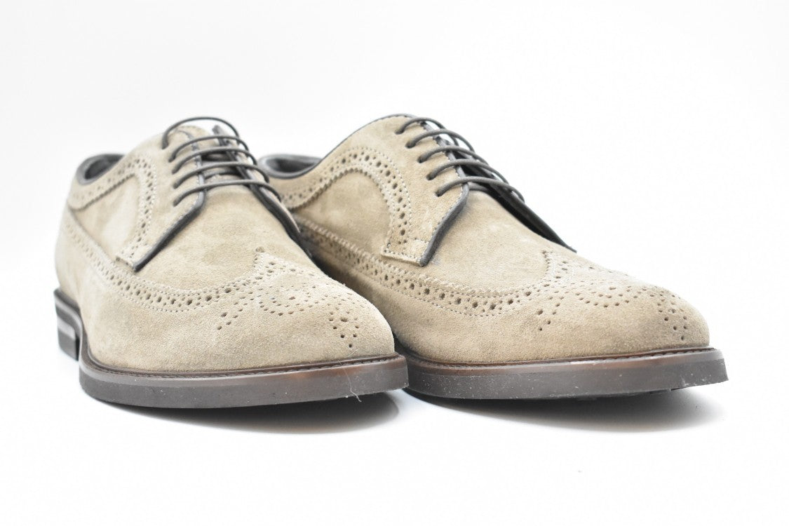 Beige Suede Wingtip Flat Shoes With Detailing