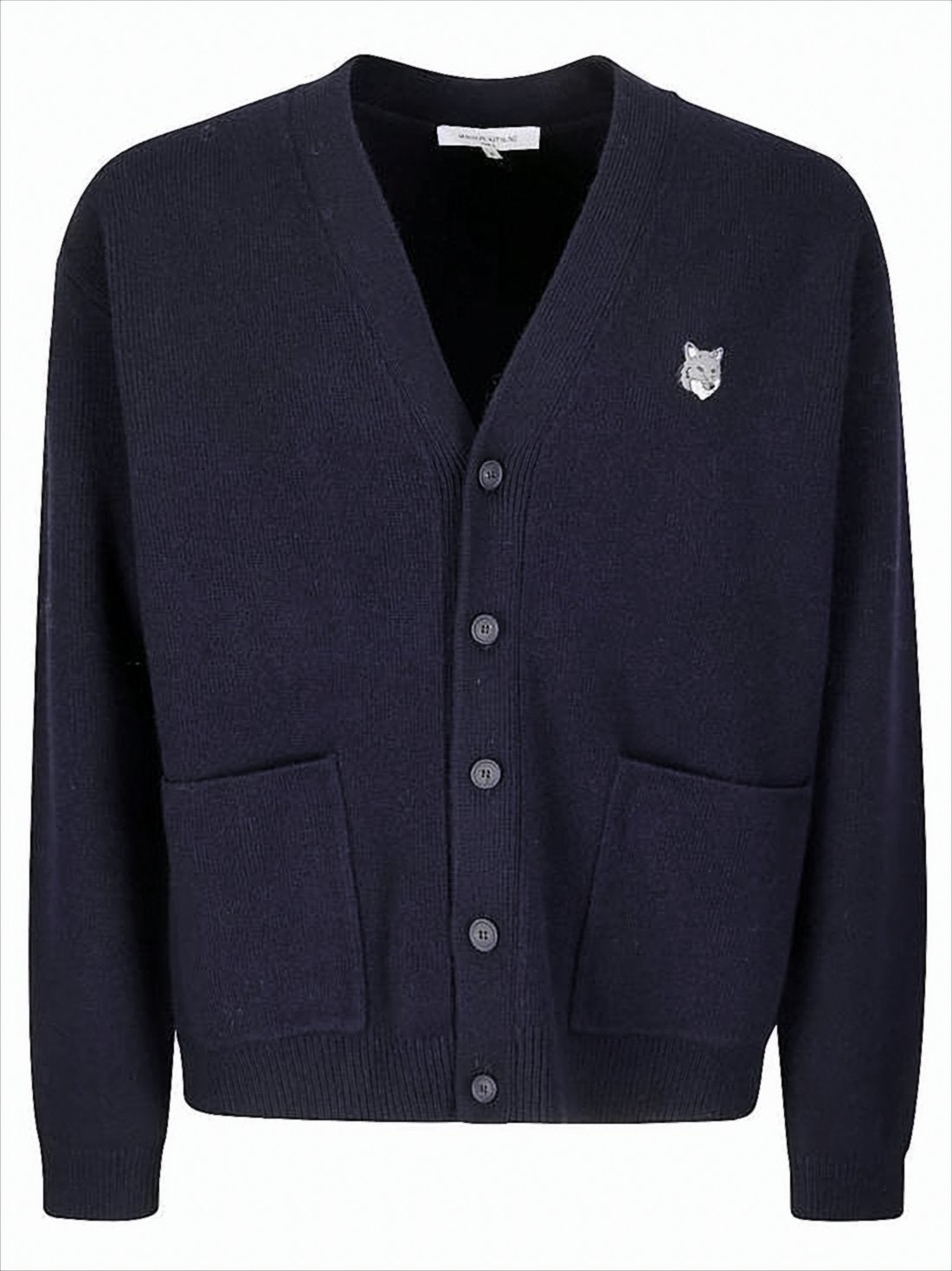 V-Neck Ramswool Cardigan With Embroidered Fox Emblem