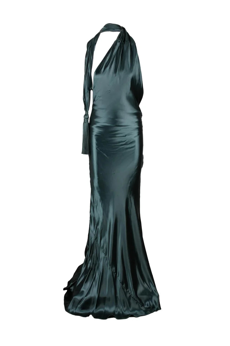 Long Satin Dress Cupro Zip - Blue