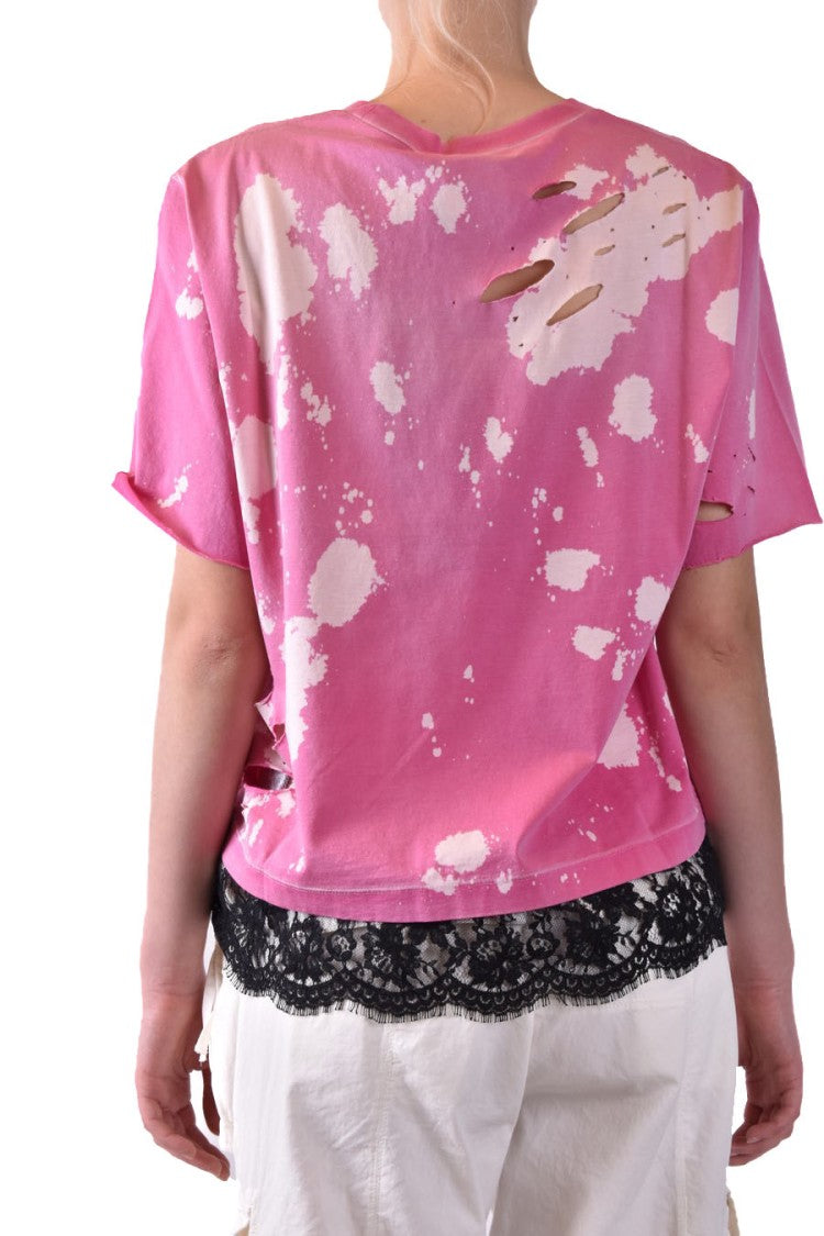 Fuchsia Worn Effect Logo Print T-Shirt With Laced Hem